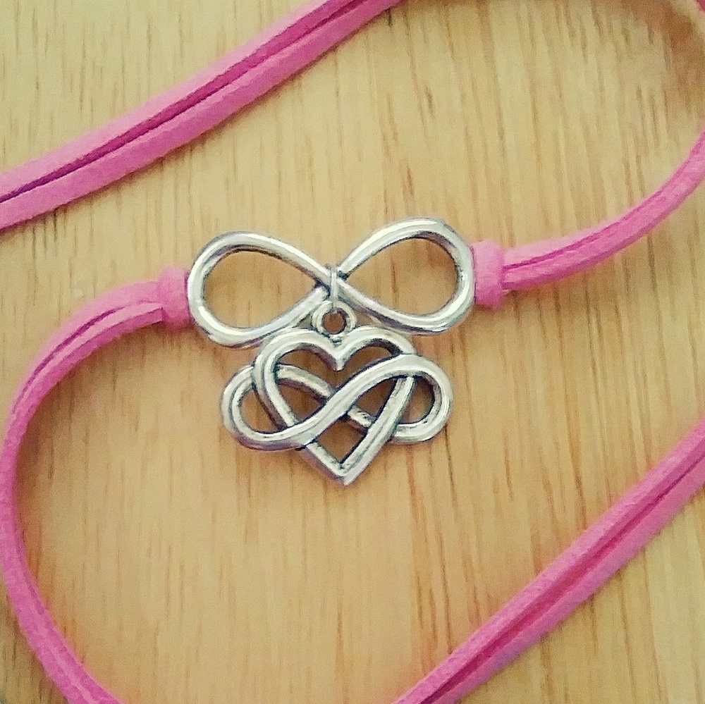 Pink Silver Faux Suede Infinity Heart Charm Choker